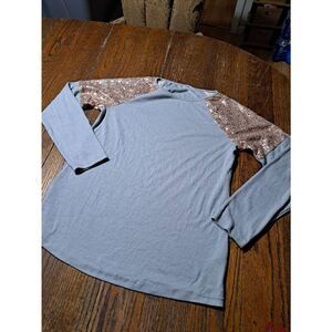 Medium Long Sleeve Blue Grey Top Shirt Blouse Pullover with Rose Gold Sequins